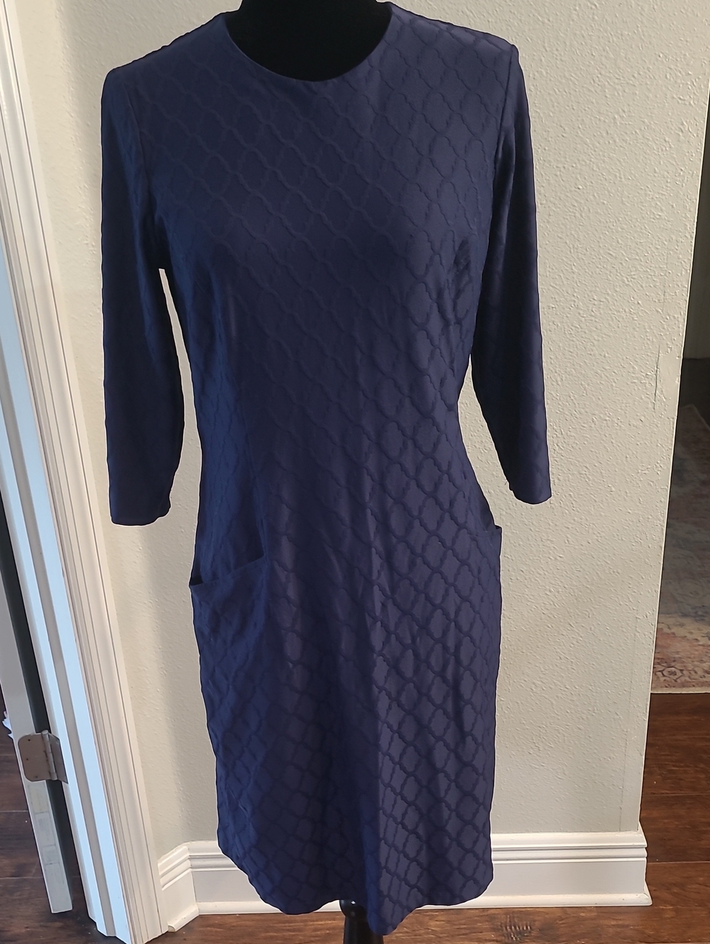 J. McLaughlin Navy Textured Long-Sleeve Dress With Pockets Career Wear Church M